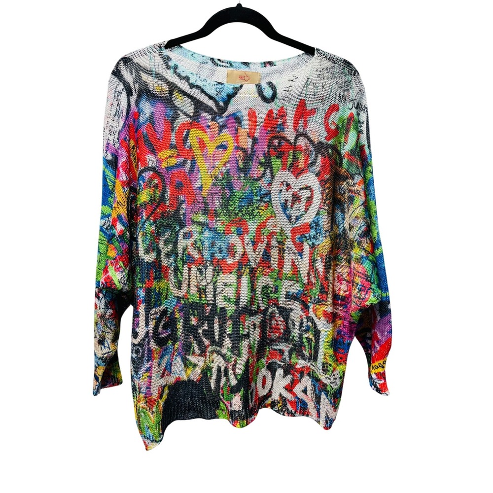 Free For Humanity Graffiti Knit Sweater OS Italy Pop Art Grunge Edgy Urban Indie